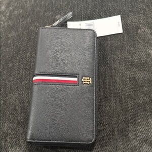 Tommy Hilfiger Black Zip Wallet with Red-White-Navy Ribbon